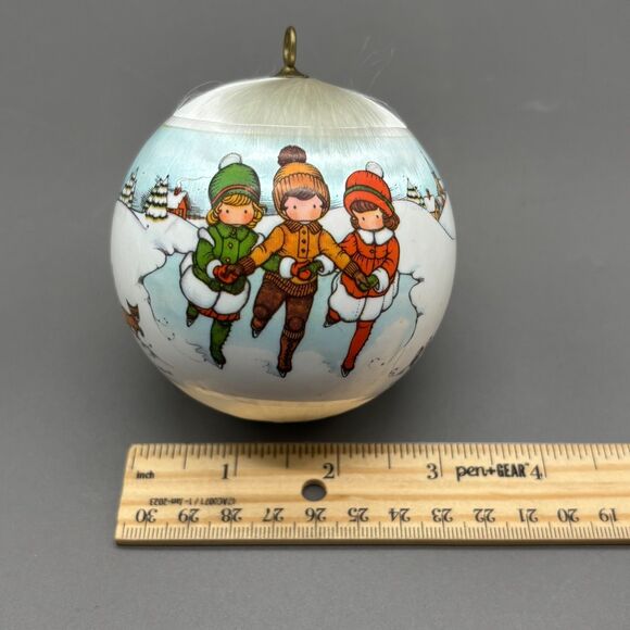 Joan Walsh Anglund Christmas Ornament 1980 Satin Ball Ice Skaters Winter Scene - Picture 11 of 11